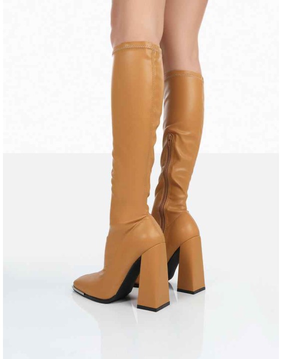 Caryn Camel Grain Pu Knee High Heeled Boots