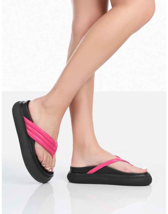 Serena Pink Pu Thong Strap Wedge Slider Sandals