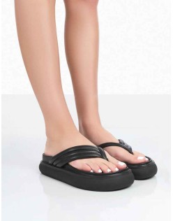 Serena Black Pu Thong Strap Wedge Slider Sandals