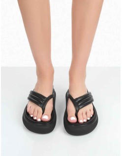 Serena Black Pu Thong Strap Wedge Slider Sandals