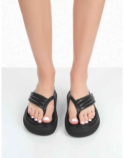Serena Black Pu Thong Strap Wedge Slider Sandals