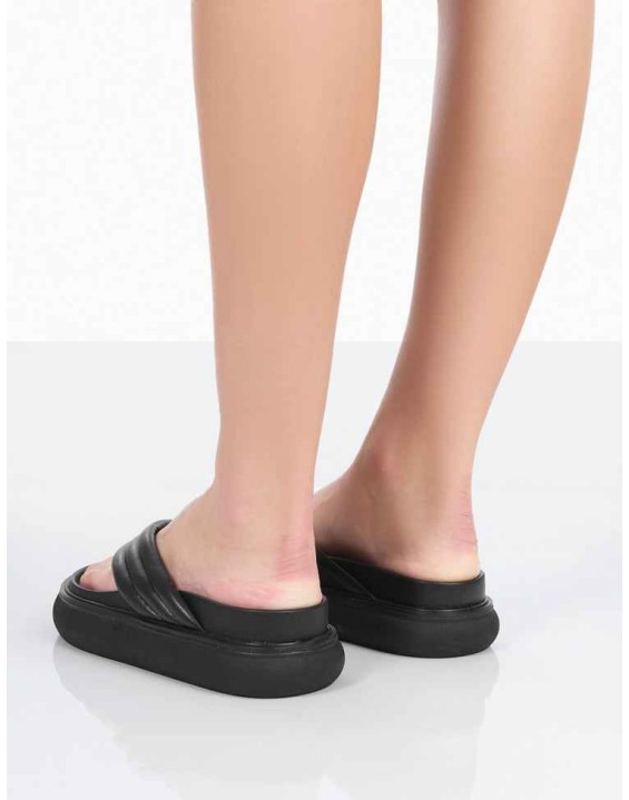 Serena Black Pu Thong Strap Wedge Slider Sandals