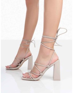 Coco Taupe Grain Square Toe Strappy Lace Up Block Heels