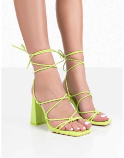Coco Lime Grain Square Toe Strappy Lace Up Block Heels
