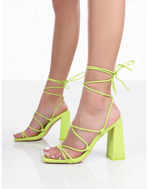 Coco Lime Grain Square Toe Strappy Lace Up Block Heels