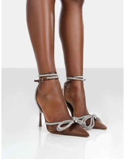 Midnight Chocolate Satin Wrap Around Bow Pointed Toe Court Heels