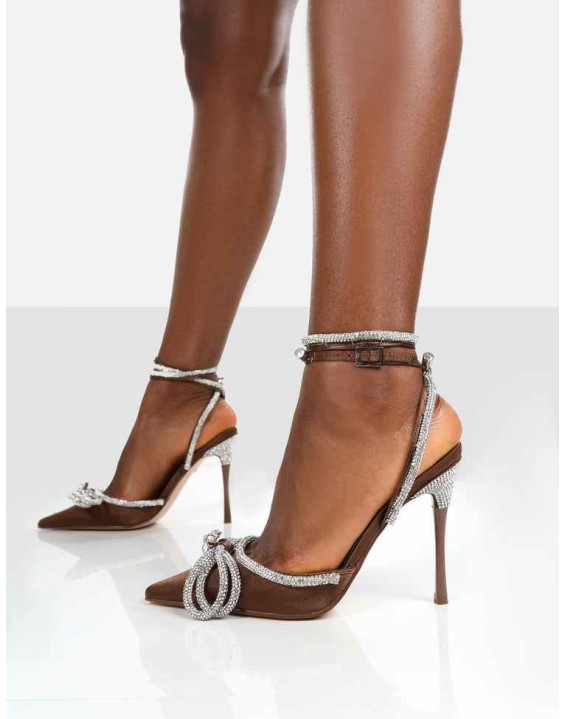 Midnight Chocolate Satin Wrap Around Bow Pointed Toe Court Heels