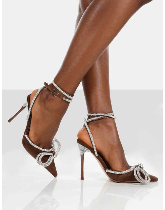 Midnight Chocolate Satin Wrap Around Bow Pointed Toe Court Heels