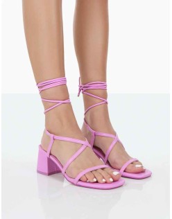 Mabel Wide Fit Bubblegum Pink PU Ankle Tie Mid Block Heeled Sandals