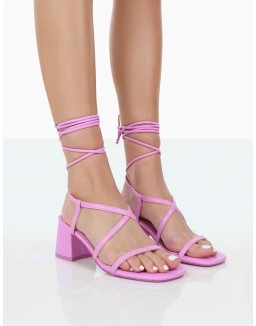 Mabel Wide Fit Bubblegum Pink PU Ankle Tie Mid Block Heeled Sandals