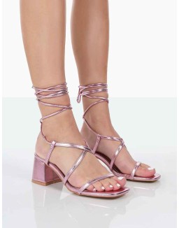 Mabel Pink Metallic Ankle Tie Block Heeled Sandals