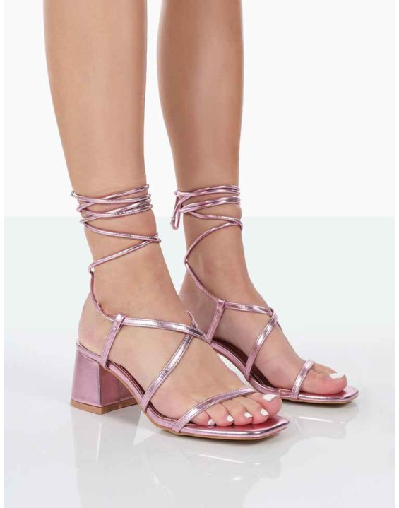Mabel Pink Metallic Ankle Tie Block Heeled Sandals