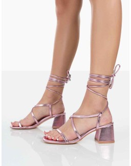 Mabel Pink Metallic Ankle Tie Block Heeled Sandals