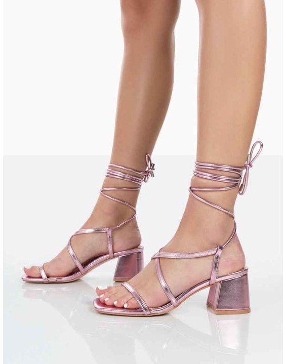 Mabel Pink Metallic Ankle Tie Block Heeled Sandals