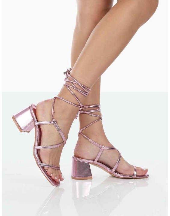 Mabel Pink Metallic Ankle Tie Block Heeled Sandals