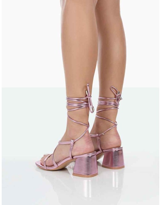 Mabel Pink Metallic Ankle Tie Block Heeled Sandals