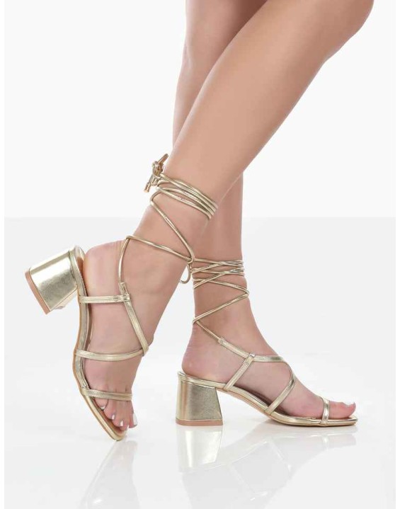 Mabel Gold Metallic Ankle Tie Block Heeled Sandals