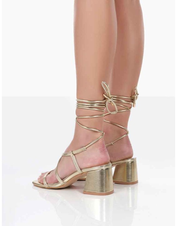 Mabel Gold Metallic Ankle Tie Block Heeled Sandals