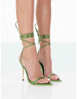 Look Back Green Metallic Pu Pointed Toe Lace Up Stiletto Heels