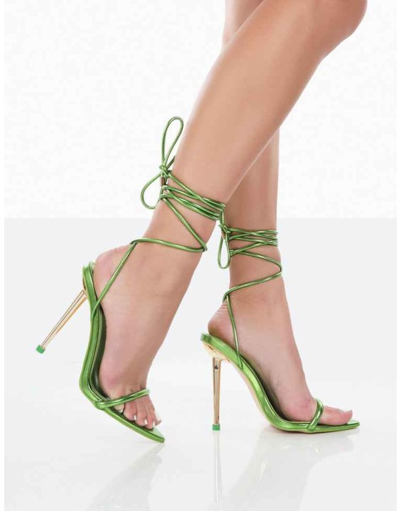 Look Back Green Metallic Pu Pointed Toe Lace Up Stiletto Heels