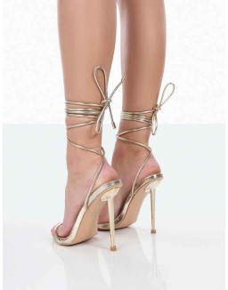 Look Back Gold Metallic Pu Pointed Toe Lace Up Stiletto Heels