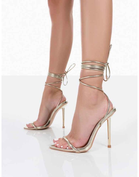 Look Back Gold Metallic Pu Pointed Toe Lace Up Stiletto Heels