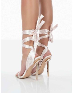 On Trend Pink Print Satin Wrap Around Pointed Toe Stiletto Heels