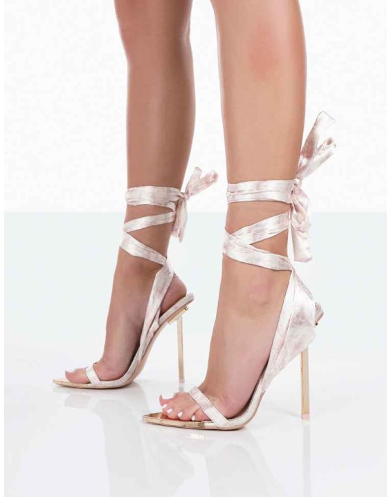 On Trend Pink Print Satin Wrap Around Pointed Toe Stiletto Heels