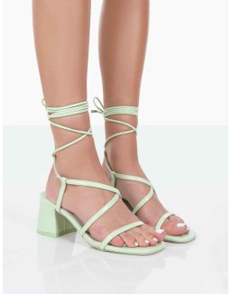 Mabel Wide Fit Mint PU Ankle Tie Mid Block Heeled Sandals