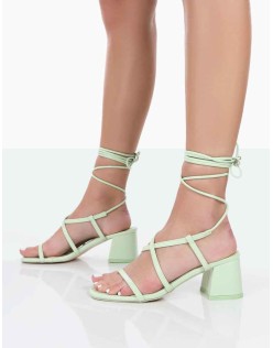 Mabel Wide Fit Mint PU Ankle Tie Mid Block Heeled Sandals