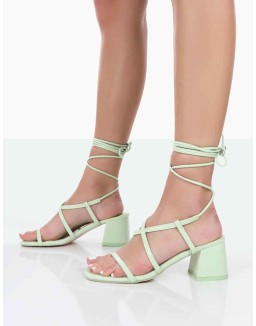 Mabel Wide Fit Mint PU Ankle Tie Mid Block Heeled Sandals
