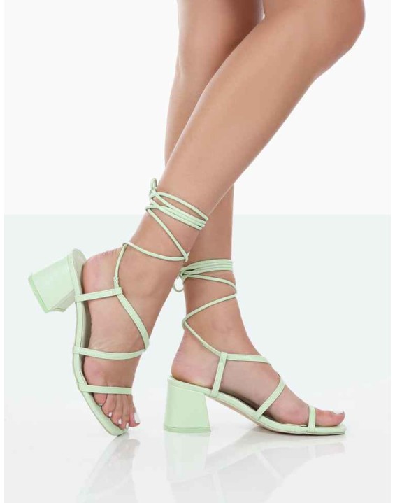 Mabel Wide Fit Mint PU Ankle Tie Mid Block Heeled Sandals