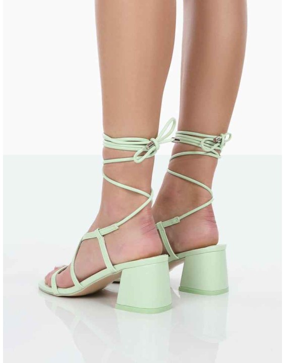 Mabel Wide Fit Mint PU Ankle Tie Mid Block Heeled Sandals