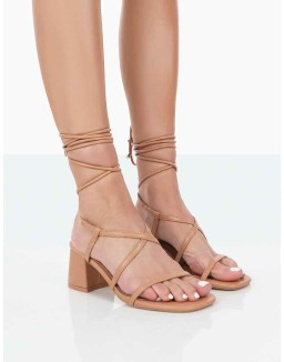 Mabel Wide Fit Nude PU Ankle Tie Mid Block Heeled Sandals