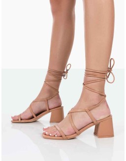 Mabel Wide Fit Nude PU Ankle Tie Mid Block Heeled Sandals