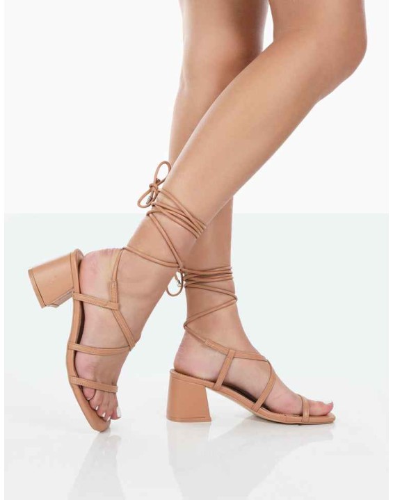 Mabel Wide Fit Nude PU Ankle Tie Mid Block Heeled Sandals