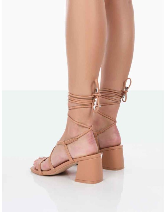 Mabel Wide Fit Nude PU Ankle Tie Mid Block Heeled Sandals