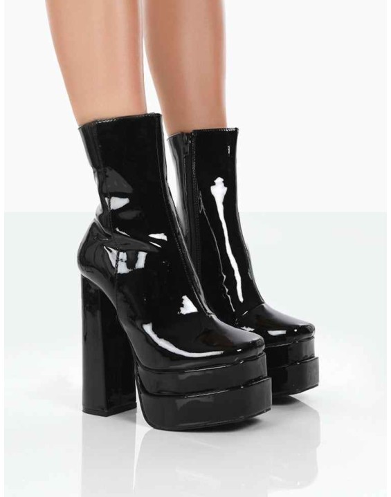Supine Wide Fit Black Patent Chunky Platform High Heeled Ankle Boots