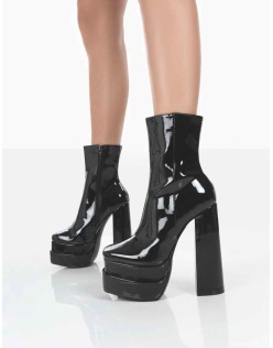 Supine Wide Fit Black Patent Chunky Platform High Heeled Ankle Boots