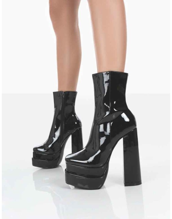 Supine Wide Fit Black Patent Chunky Platform High Heeled Ankle Boots