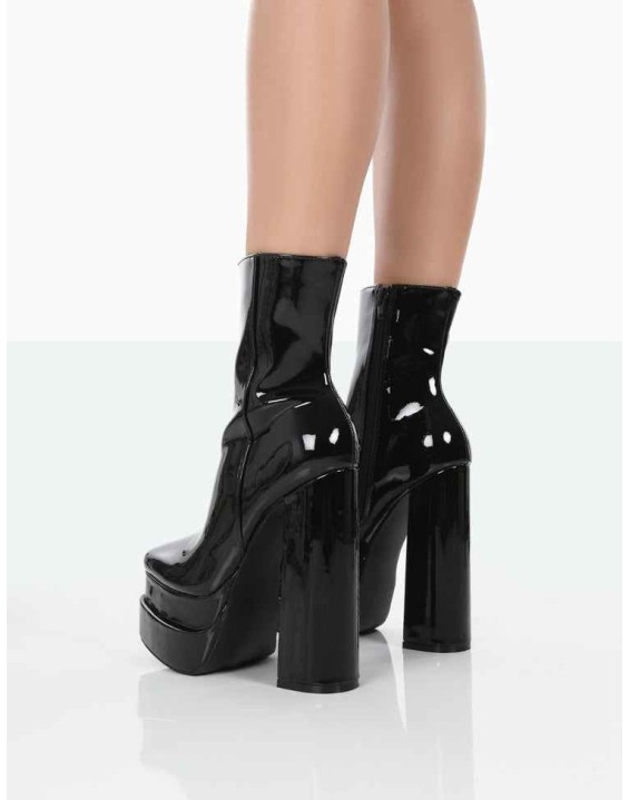 Supine Wide Fit Black Patent Chunky Platform High Heeled Ankle Boots