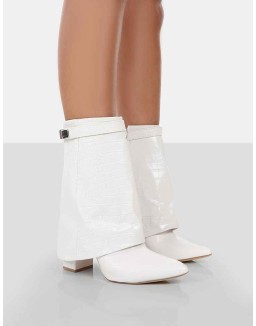 Fyre Ecru Croc Pointed Toe Heeled Ankle Boots