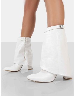 Fyre Ecru Croc Pointed Toe Heeled Ankle Boots