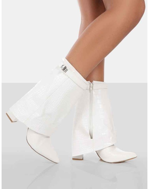 Fyre Ecru Croc Pointed Toe Heeled Ankle Boots