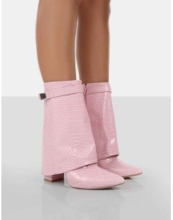 Fyre Baby Pink Croc Pointed Toe Heeled Ankle Boots