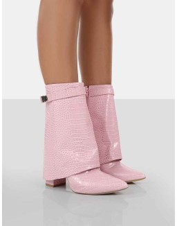 Fyre Baby Pink Croc Pointed Toe Heeled Ankle Boots