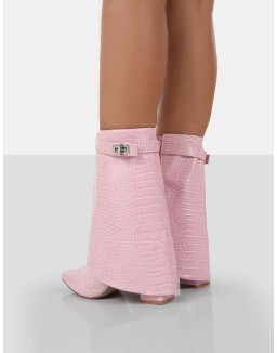 Fyre Baby Pink Croc Pointed Toe Heeled Ankle Boots