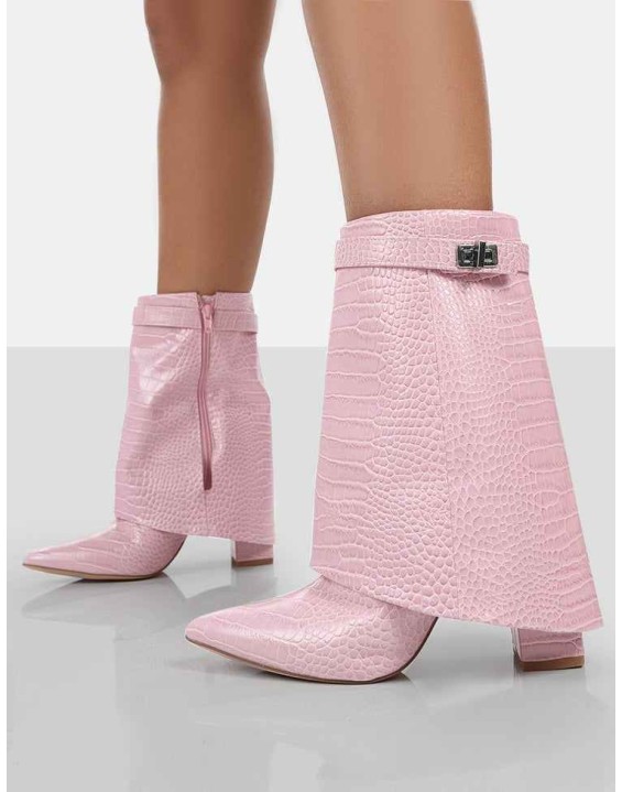 Fyre Baby Pink Croc Pointed Toe Heeled Ankle Boots