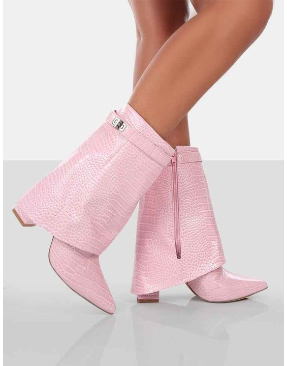 Fyre Baby Pink Croc Pointed Toe Heeled Ankle Boots