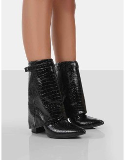 Fyre Black Croc Pointed Toe Heeled Ankle Boots